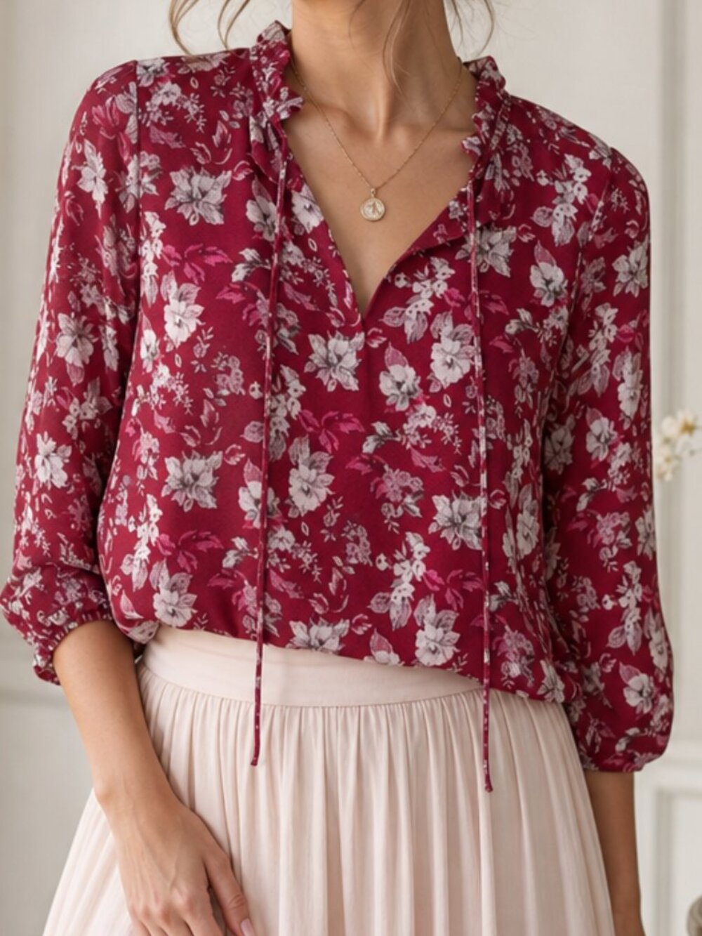 Skies are blue Romantic Office Tie Neck Burgundy Floral Blouse Small - Picture 1 of 9